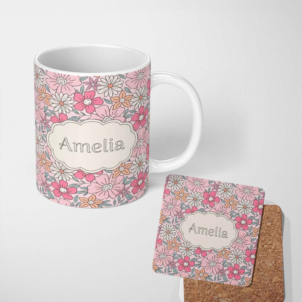 Personalized Custom Name Cute Hand Drawn Floral Ditsy Flowers Pattern Soft Pink Background 11oz Ceramic Coffee Tea Mug White Large Handle
