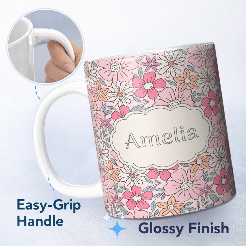 Personalized Custom Name Cute Hand Drawn Floral Ditsy Flowers Pattern Soft Pink Background 11oz Ceramic Coffee Tea Mug White Large Handle