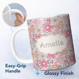 Personalized Custom Name Cute Hand Drawn Floral Ditsy Flowers Pattern Soft Pink Background 11oz Ceramic Coffee Tea Mug White Large Handle