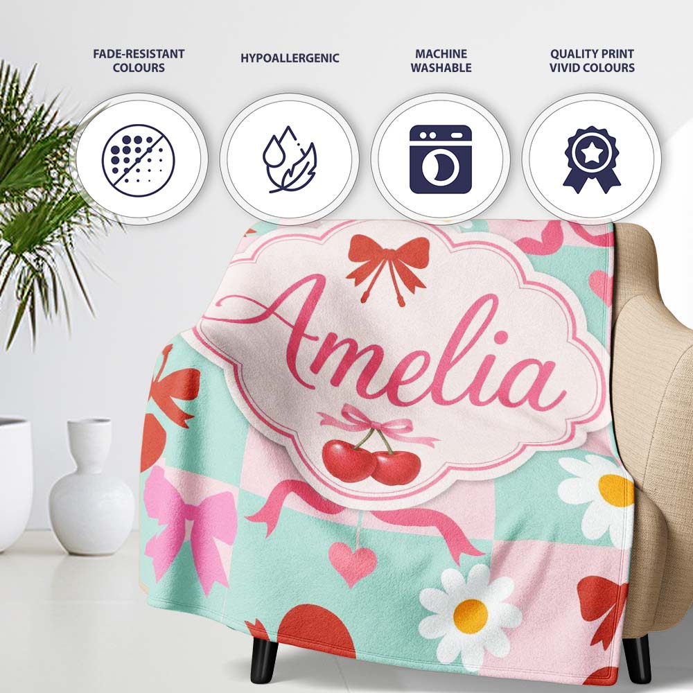 Cute Cherry Bow Daisy Heart Seamless on Mint and Pink Gingham Lovely  Personalised Custom Name Super Soft Fleece Blanket Bed Sofa Throw