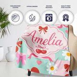 Cute Cherry Bow Daisy Heart Seamless on Mint and Pink Gingham Lovely  Personalised Custom Name Super Soft Fleece Blanket Bed Sofa Throw