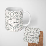 Personalized Custom Name Minimalist Blue Leaf Sprig Pattern Soft Neutral Background Seamless 11oz Ceramic Coffee Tea Mug White Large Handle