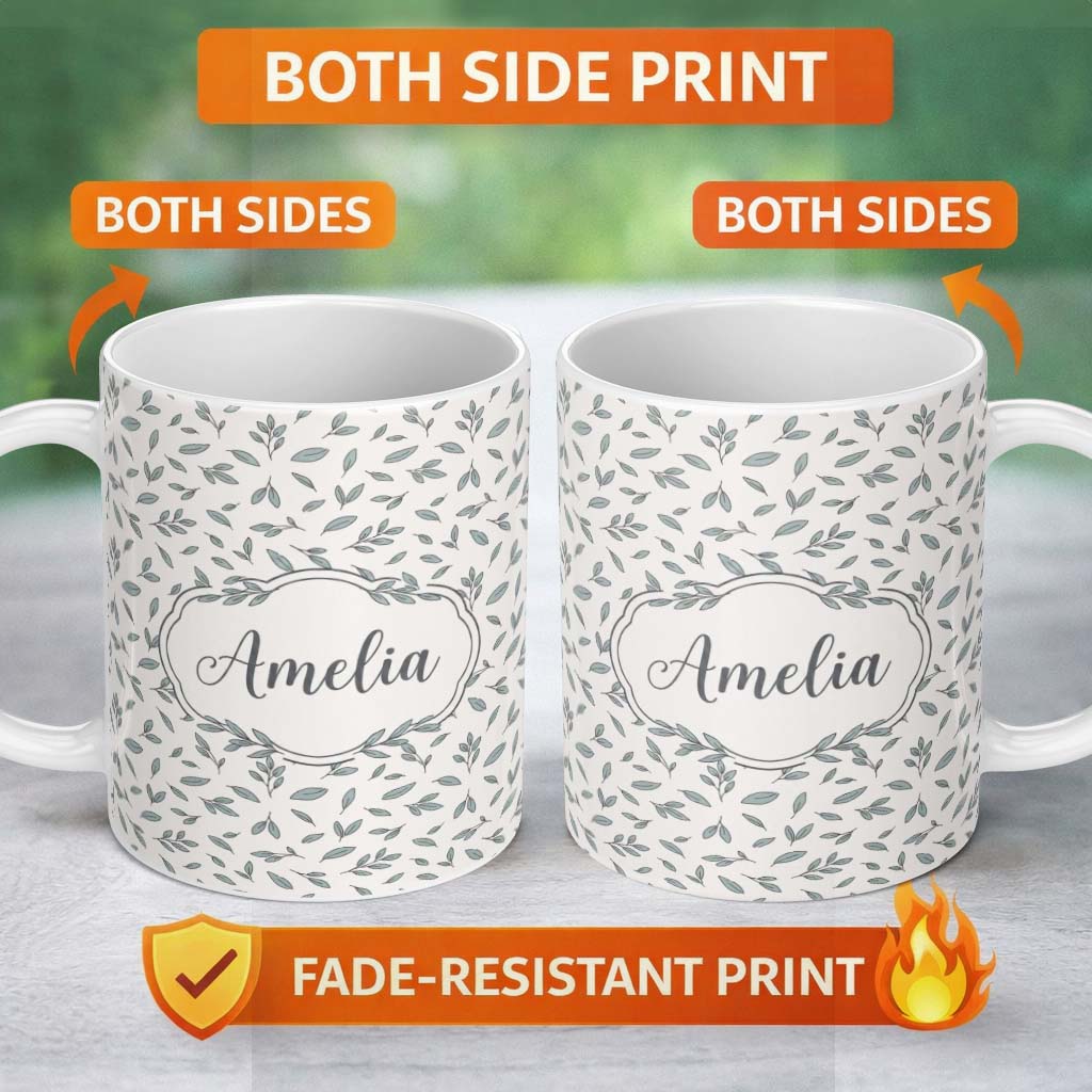 Personalized Custom Name Minimalist Blue Leaf Sprig Pattern Soft Neutral Background Seamless 11oz Ceramic Coffee Tea Mug White Large Handle