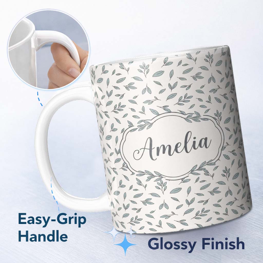 Personalized Custom Name Minimalist Blue Leaf Sprig Pattern Soft Neutral Background Seamless 11oz Ceramic Coffee Tea Mug White Large Handle