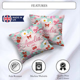 Custom Name Cute Cherry Bow Daisy Heart on Mint and Pink Gingham Square Filled Cushion Throw Pillow Sofa Bed Home Decor Zip Washable UK Made