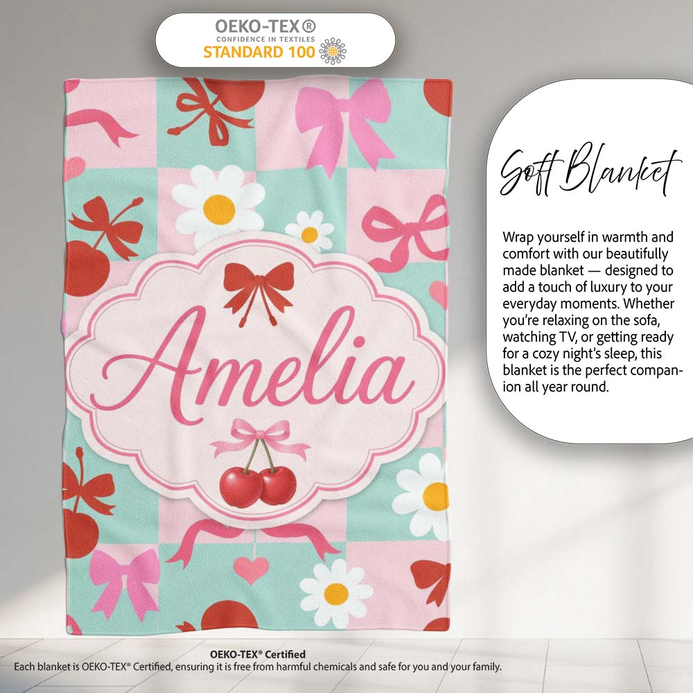 Cute Cherry Bow Daisy Heart Seamless on Mint and Pink Gingham Lovely  Personalised Custom Name Super Soft Fleece Blanket Bed Sofa Throw