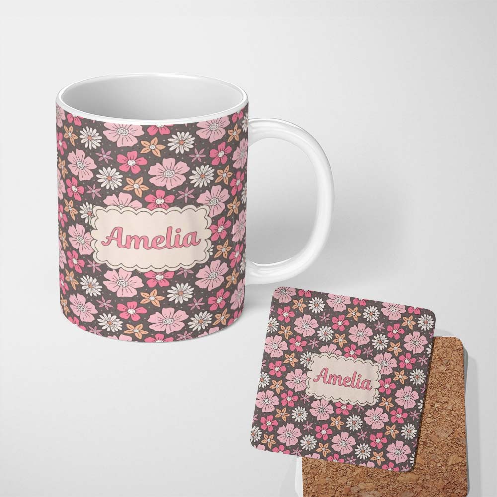 Personalized Custom Name Cute Hand Drawn Floral Ditsy Flowers Pattern Dark Grey Background 11oz Ceramic Coffee Tea Mug White Large Handle