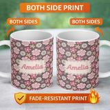 Personalized Custom Name Cute Hand Drawn Floral Ditsy Flowers Pattern Dark Grey Background 11oz Ceramic Coffee Tea Mug White Large Handle