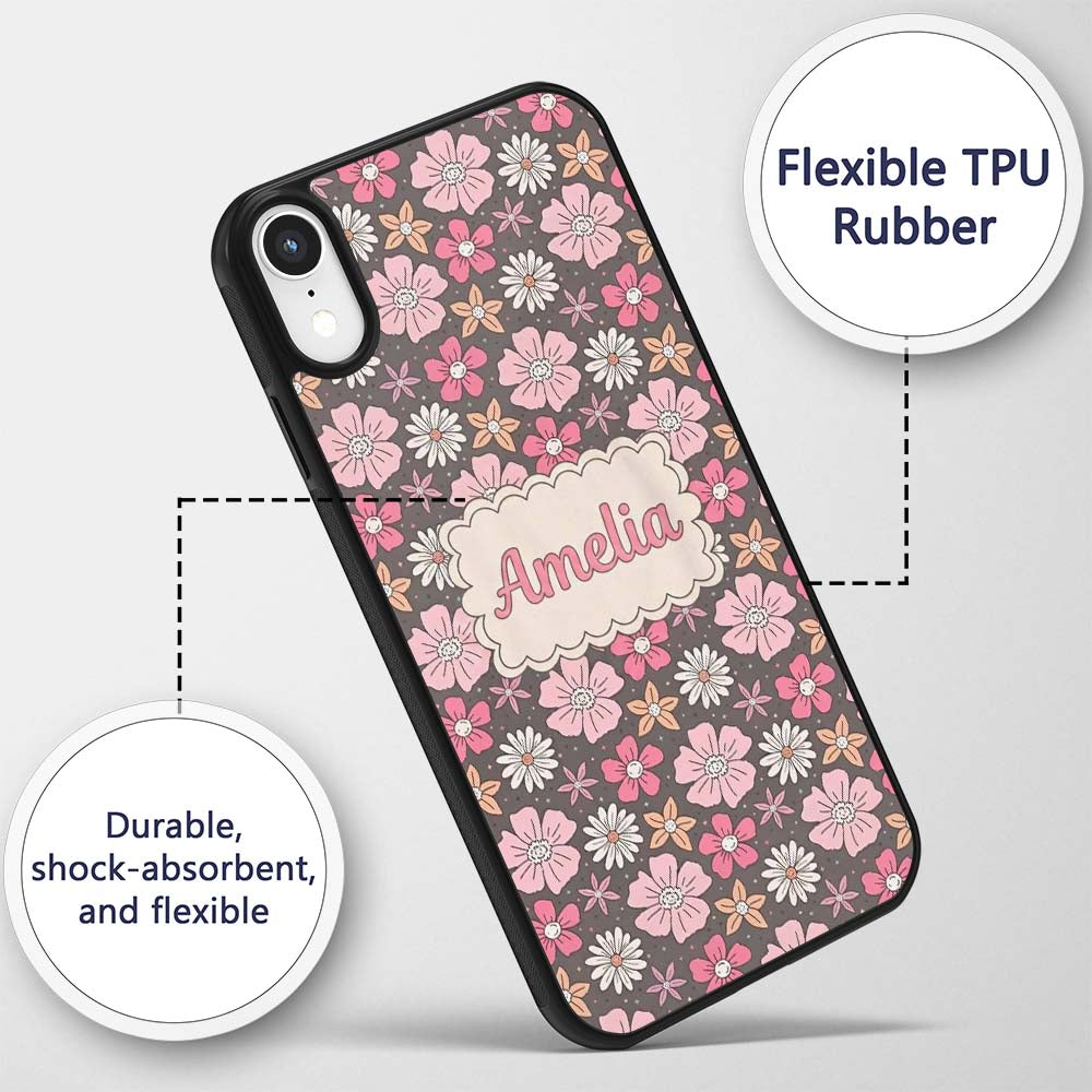 Cute Hand Drawn Floral Ditsy Flowers Pattern Dark Custom Name Protective Phone Case Mobile Cover Durable Everyday Smartphone Shock Resistant