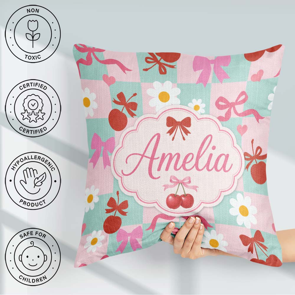 Custom Name Cute Cherry Bow Daisy Heart on Mint and Pink Gingham Square Filled Cushion Throw Pillow Sofa Bed Home Decor Zip Washable UK Made