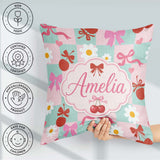 Custom Name Cute Cherry Bow Daisy Heart on Mint and Pink Gingham Square Filled Cushion Throw Pillow Sofa Bed Home Decor Zip Washable UK Made