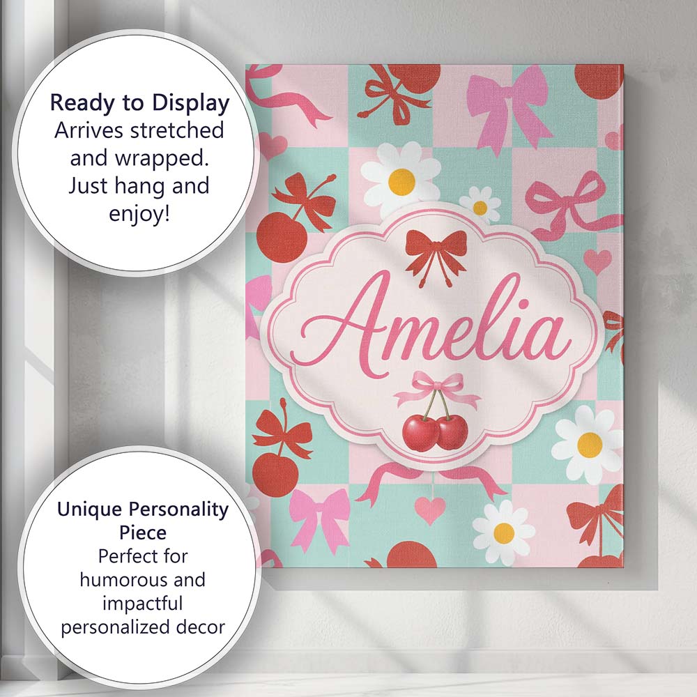 Personalised Name Cute Cherry Bow Daisy Heart Seamless on Mint and Custom  Unique Canvas Wall Art Print Decor Picture Ready to Hang