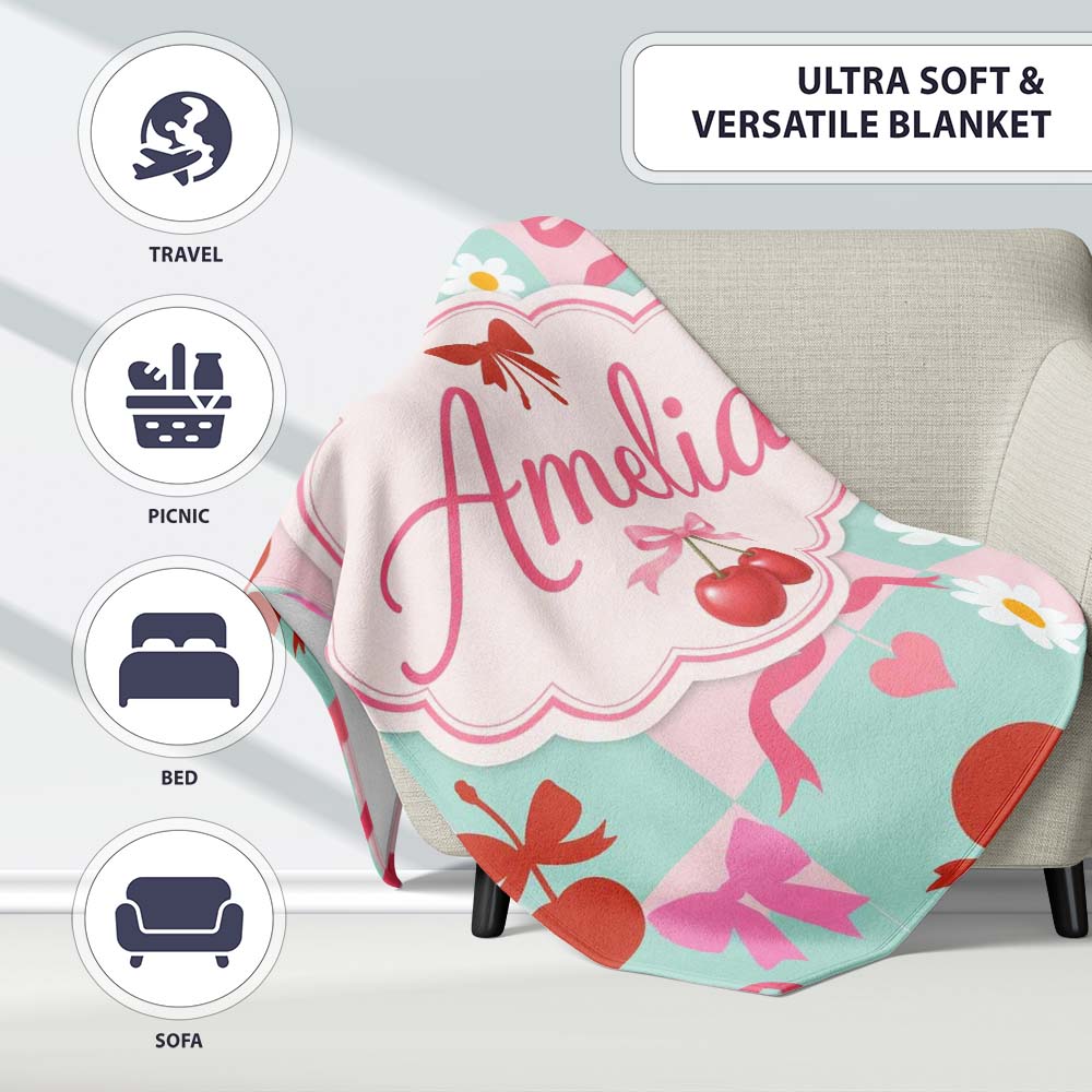 Cute Cherry Bow Daisy Heart Seamless on Mint and Pink Gingham Lovely  Personalised Custom Name Super Soft Fleece Blanket Bed Sofa Throw