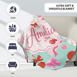 Cute Cherry Bow Daisy Heart Seamless on Mint and Pink Gingham Lovely  Personalised Custom Name Super Soft Fleece Blanket Bed Sofa Throw
