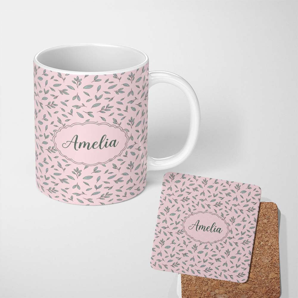 Personalized Custom Name Minimalist Blue Leaf Sprig Pattern Soft Blush Pink Background 11oz Ceramic Coffee Tea Mug White Large Handle