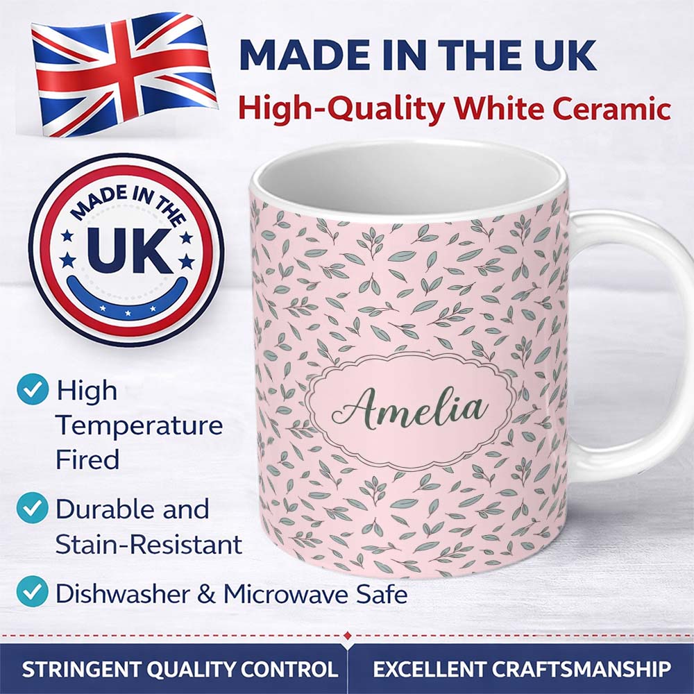 Personalized Custom Name Minimalist Blue Leaf Sprig Pattern Soft Blush Pink Background 11oz Ceramic Coffee Tea Mug White Large Handle