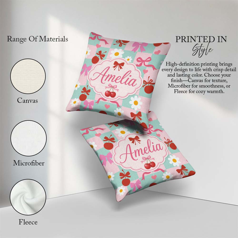 Custom Name Cute Cherry Bow Daisy Heart on Mint and Pink Gingham Square Filled Cushion Throw Pillow Sofa Bed Home Decor Zip Washable UK Made