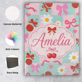 Personalised Name Cute Cherry Bow Daisy Heart Seamless on Mint and Custom  Unique Canvas Wall Art Print Decor Picture Ready to Hang