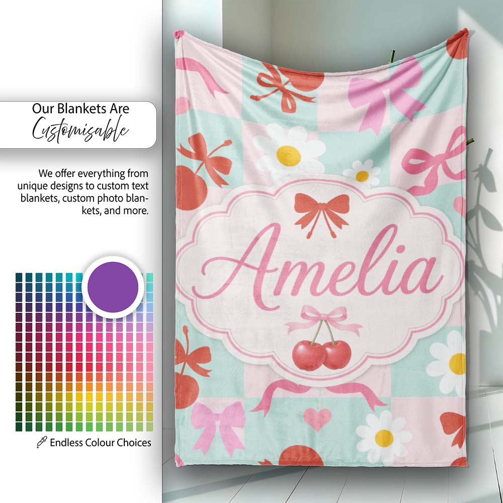 Cute Cherry Bow Daisy Heart Seamless on Mint and Pink Gingham Lovely  Personalised Custom Name Super Soft Fleece Blanket Bed Sofa Throw