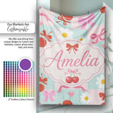 Cute Cherry Bow Daisy Heart Seamless on Mint and Pink Gingham Lovely  Personalised Custom Name Super Soft Fleece Blanket Bed Sofa Throw