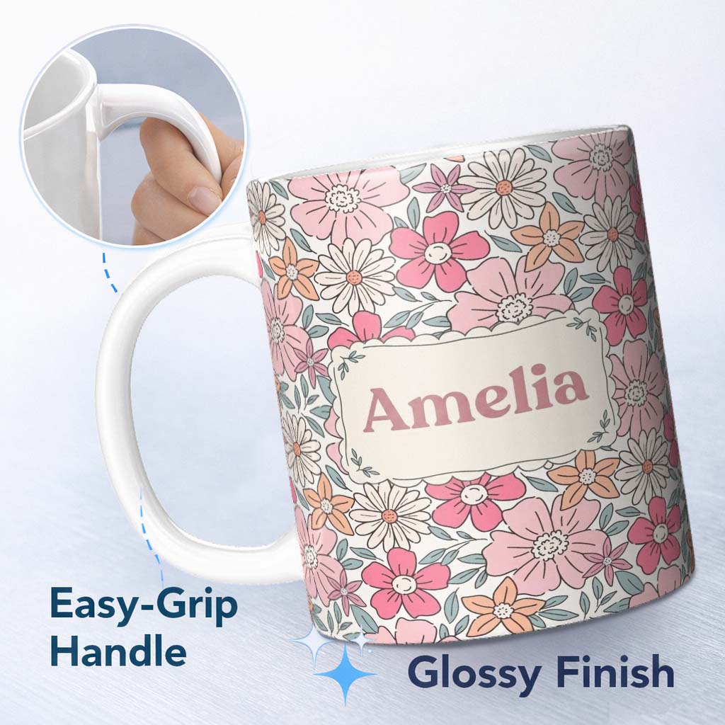 Personalized Custom Name Cute Hand Drawn Floral Ditsy Flowers Pattern Light Cream Background 11oz Ceramic Coffee Tea Mug White Large Handle