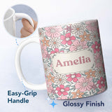Personalized Custom Name Cute Hand Drawn Floral Ditsy Flowers Pattern Light Cream Background 11oz Ceramic Coffee Tea Mug White Large Handle