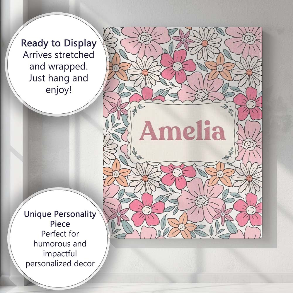 Personalised Name Cute Hand Drawn Floral Custom  Unique Gift Idea Elegant Feature Canvas Wall Art Print Decor Picture Ready to Hang