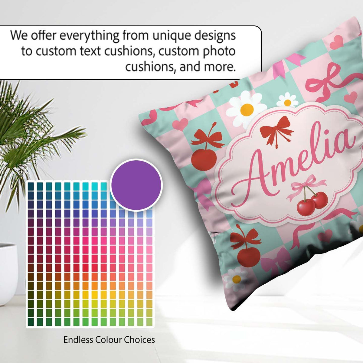 Custom Name Cute Cherry Bow Daisy Heart on Mint and Pink Gingham Square Filled Cushion Throw Pillow Sofa Bed Home Decor Zip Washable UK Made