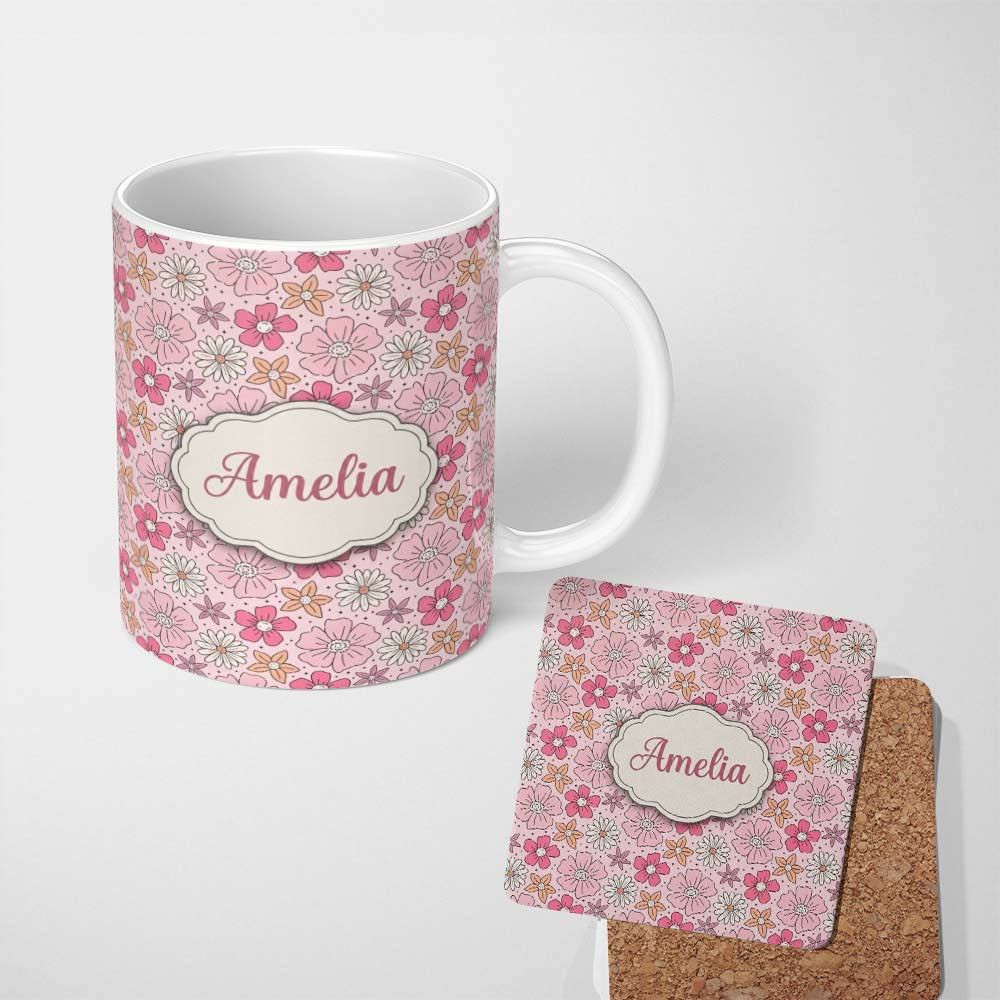 Personalized Custom Name Cute Hand Drawn Floral Ditsy Flowers Pattern Soft Pink Background 11oz Ceramic Coffee Tea Mug White Large Handle