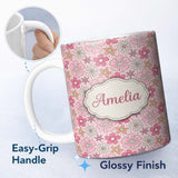 Personalized Custom Name Cute Hand Drawn Floral Ditsy Flowers Pattern Soft Pink Background 11oz Ceramic Coffee Tea Mug White Large Handle
