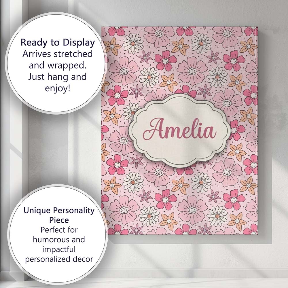 Personalised Name Cute Hand Drawn Floral Custom  Unique Gift Idea Elegant Feature Canvas Wall Art Print Decor Picture Ready to Hang