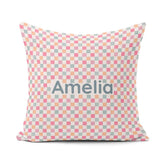 Custom Name Pastel Gingham Check Soft Pink Blue Peach Background Square Filled Cushion Throw Pillow Sofa Bed Home Decor Zip Washable UK Made