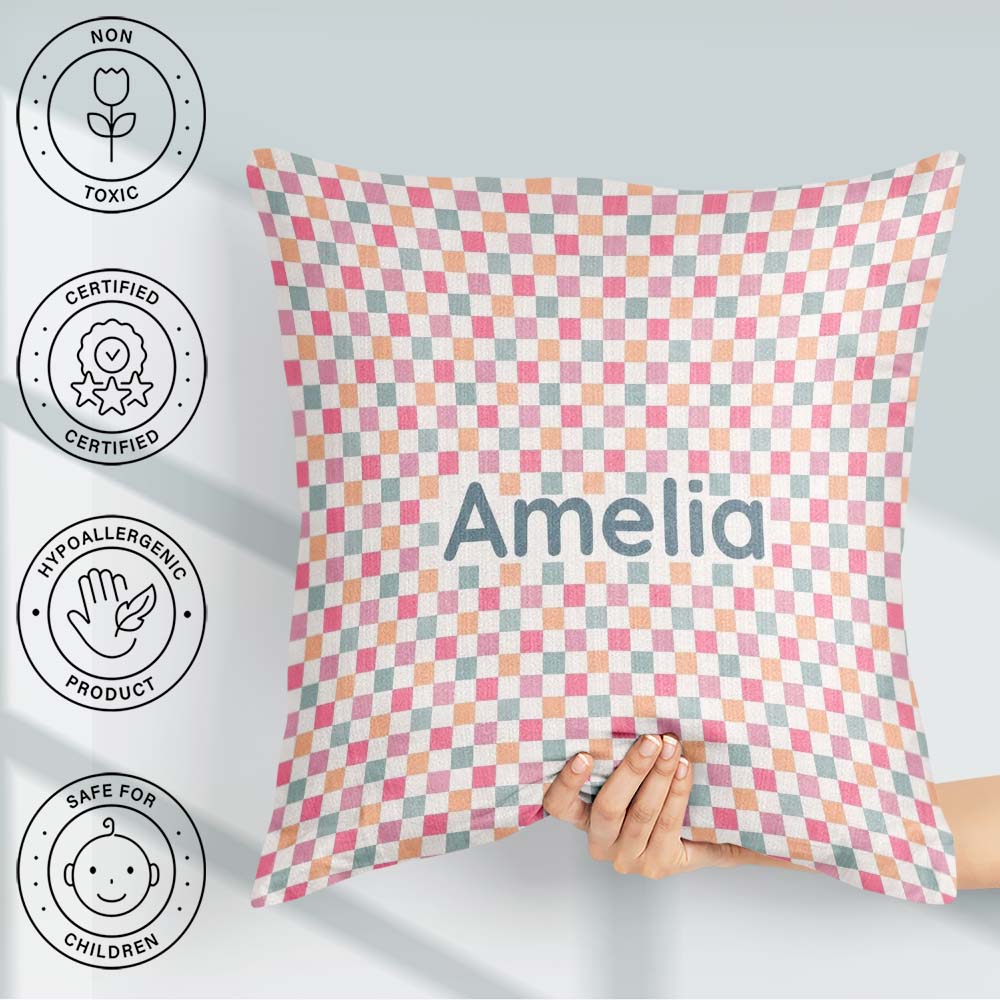 Custom Name Pastel Gingham Check Soft Pink Blue Peach Background Square Filled Cushion Throw Pillow Sofa Bed Home Decor Zip Washable UK Made