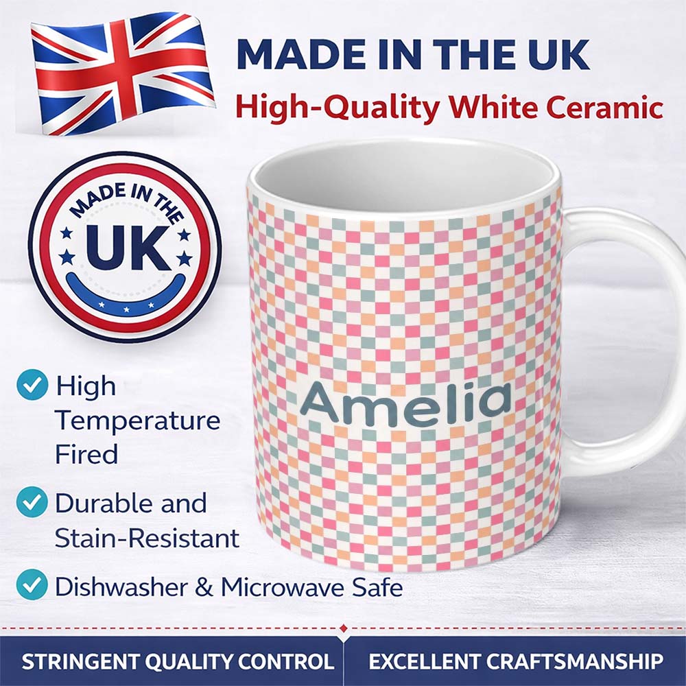 Personalized Custom Name Cute Pastel Gingham Check Pattern Soft Pink Blue Peach Background 11oz Ceramic Coffee Tea Mug White Large Handle