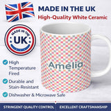 Personalized Custom Name Cute Pastel Gingham Check Pattern Soft Pink Blue Peach Background 11oz Ceramic Coffee Tea Mug White Large Handle