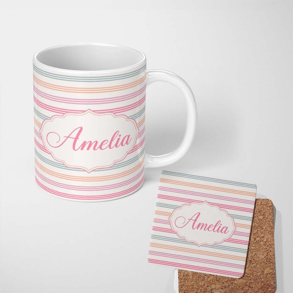 Personalized Custom Name Cute Pastel Horizontal Stripe Pattern Soft Pink Blue Peach 11oz Ceramic Coffee Tea Mug White Large Handle