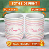 Personalized Custom Name Cute Pastel Horizontal Stripe Pattern Soft Pink Blue Peach 11oz Ceramic Coffee Tea Mug White Large Handle