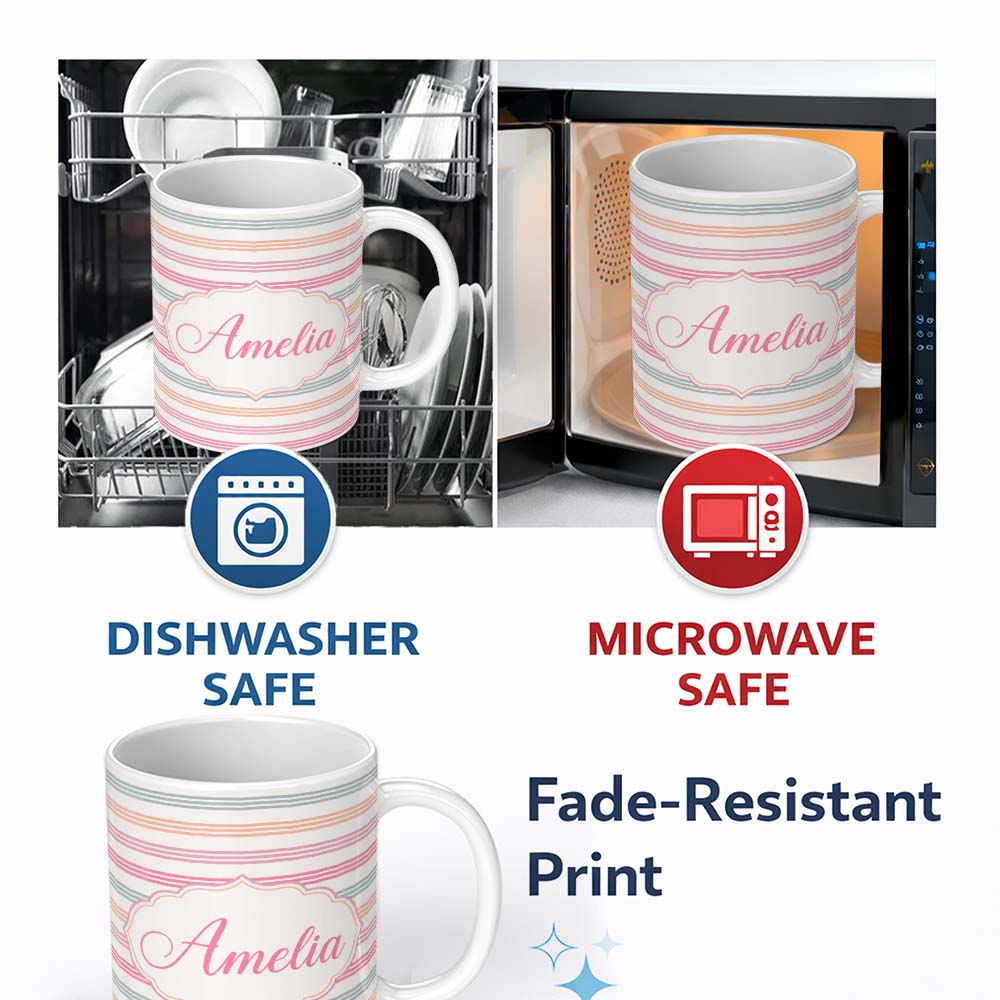 Personalized Custom Name Cute Pastel Horizontal Stripe Pattern Soft Pink Blue Peach 11oz Ceramic Coffee Tea Mug White Large Handle
