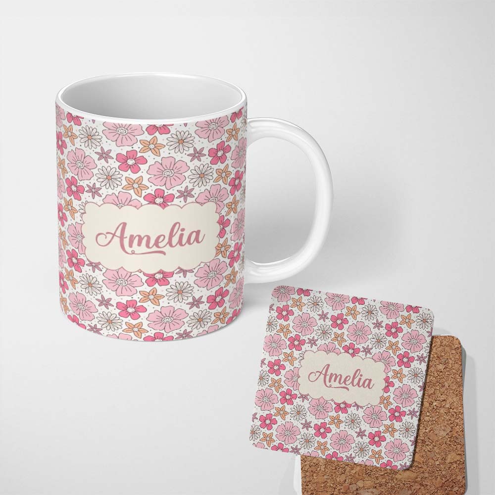 Personalized Custom Name Cute Hand Drawn Floral Ditsy Flowers Pattern Light Neutral 11oz Ceramic Coffee Tea Mug White Large Handle