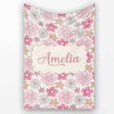 Cute Hand Drawn Floral Ditsy Flowers Pattern Light Neutral  Personalised Custom Name Super Soft Fleece Blanket Bed Sofa Throw