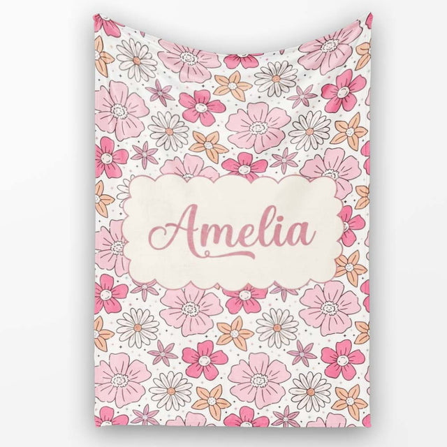 Cute Hand Drawn Floral Ditsy Flowers Pattern Light Neutral  Personalised Custom Name Super Soft Fleece Blanket Bed Sofa Throw