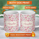 Personalized Custom Name Cute Hand Drawn Floral Ditsy Flowers Pattern Light Neutral 11oz Ceramic Coffee Tea Mug White Large Handle
