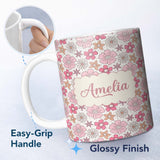 Personalized Custom Name Cute Hand Drawn Floral Ditsy Flowers Pattern Light Neutral 11oz Ceramic Coffee Tea Mug White Large Handle