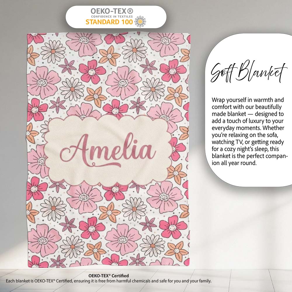 Cute Hand Drawn Floral Ditsy Flowers Pattern Light Neutral  Personalised Custom Name Super Soft Fleece Blanket Bed Sofa Throw