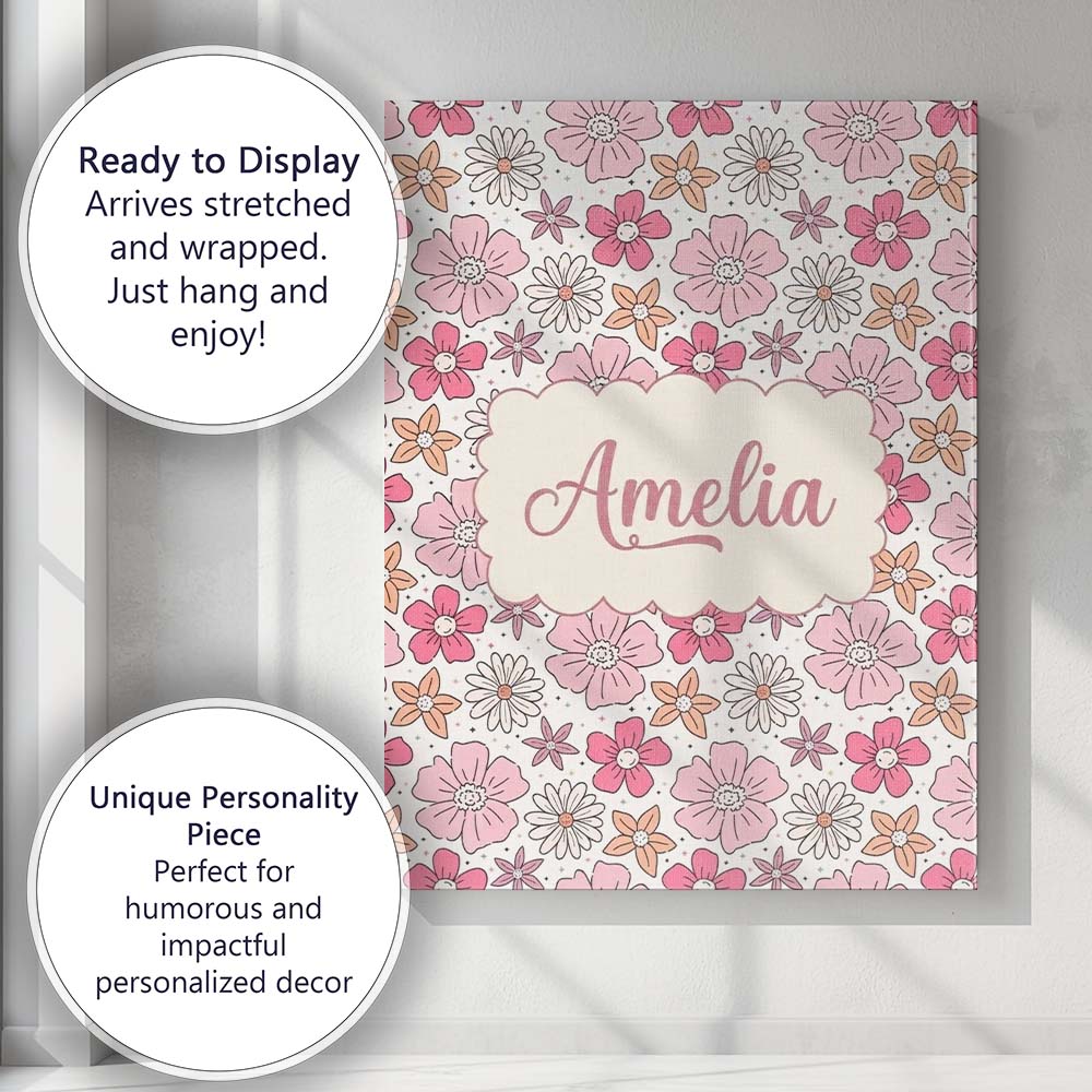 Personalised Name Cute Hand Drawn Floral Custom  Unique Gift Idea Elegant Feature Canvas Wall Art Print Decor Picture Ready to Hang
