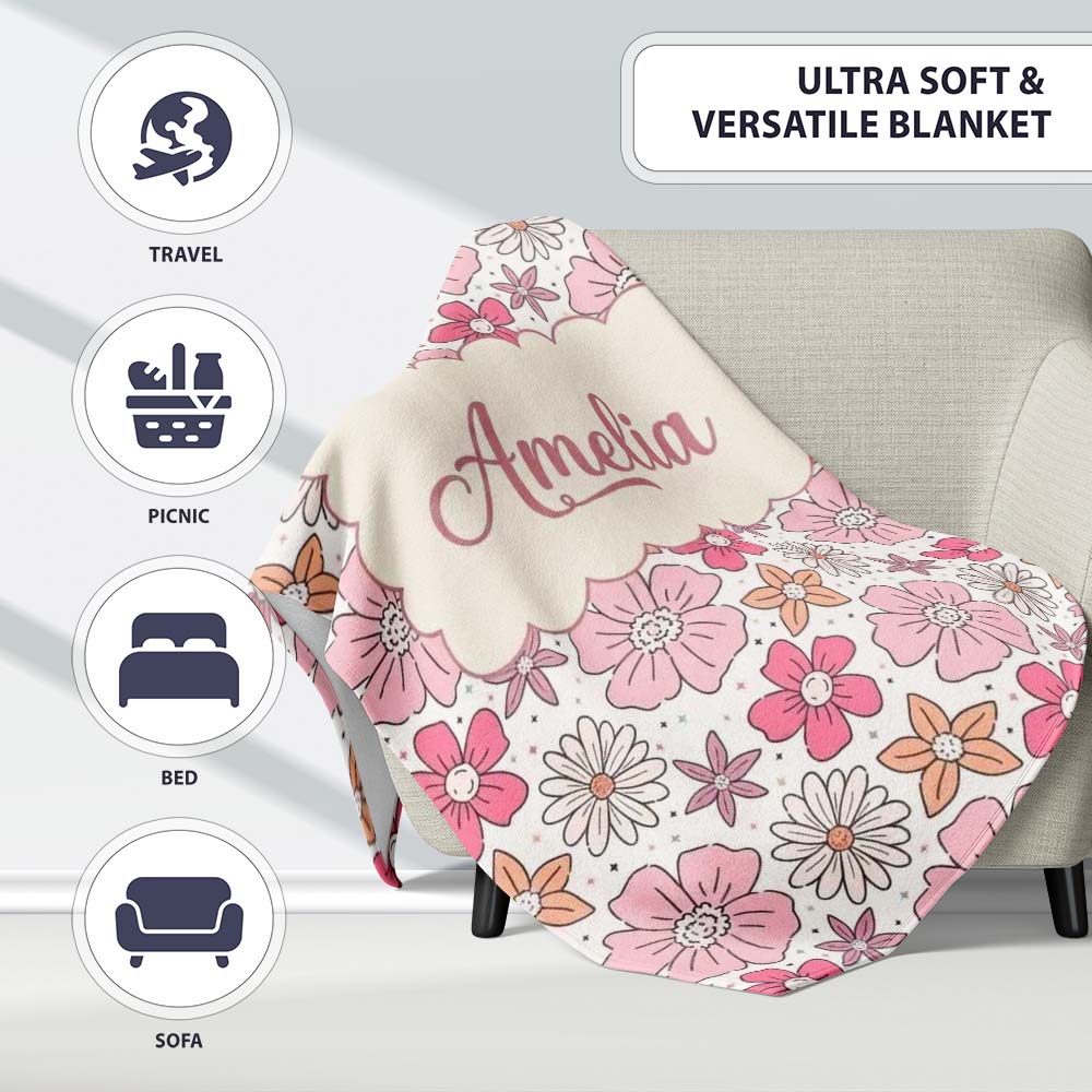 Cute Hand Drawn Floral Ditsy Flowers Pattern Light Neutral  Personalised Custom Name Super Soft Fleece Blanket Bed Sofa Throw