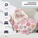 Cute Hand Drawn Floral Ditsy Flowers Pattern Light Neutral  Personalised Custom Name Super Soft Fleece Blanket Bed Sofa Throw