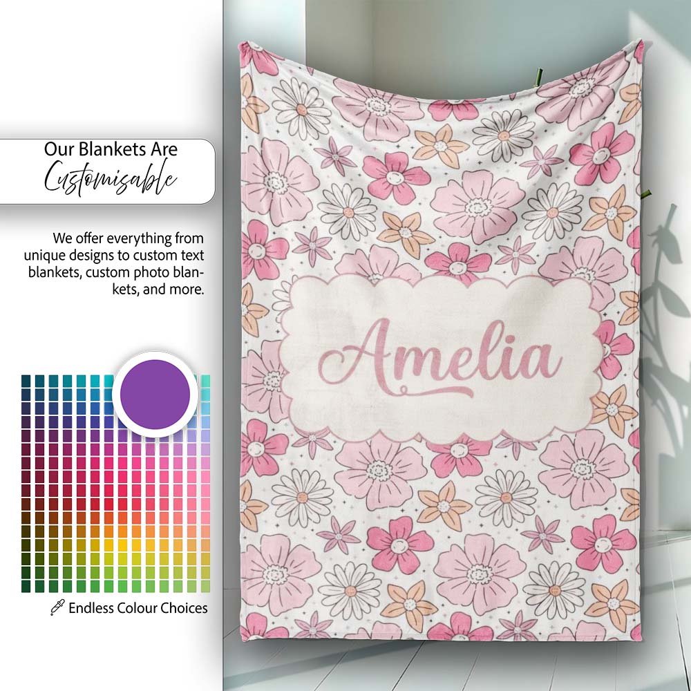Cute Hand Drawn Floral Ditsy Flowers Pattern Light Neutral  Personalised Custom Name Super Soft Fleece Blanket Bed Sofa Throw