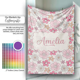 Cute Hand Drawn Floral Ditsy Flowers Pattern Light Neutral  Personalised Custom Name Super Soft Fleece Blanket Bed Sofa Throw