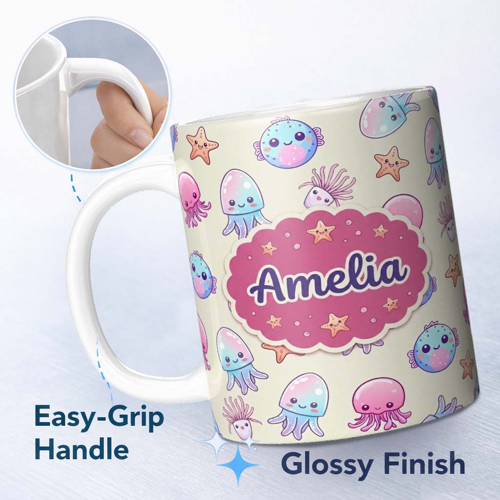 Personalized Custom Name Cute Kawaii Jellyfish Starfish Pastel Ocean Creatures Cream Lovely 11oz Ceramic Coffee Tea Mug White Large Handle
